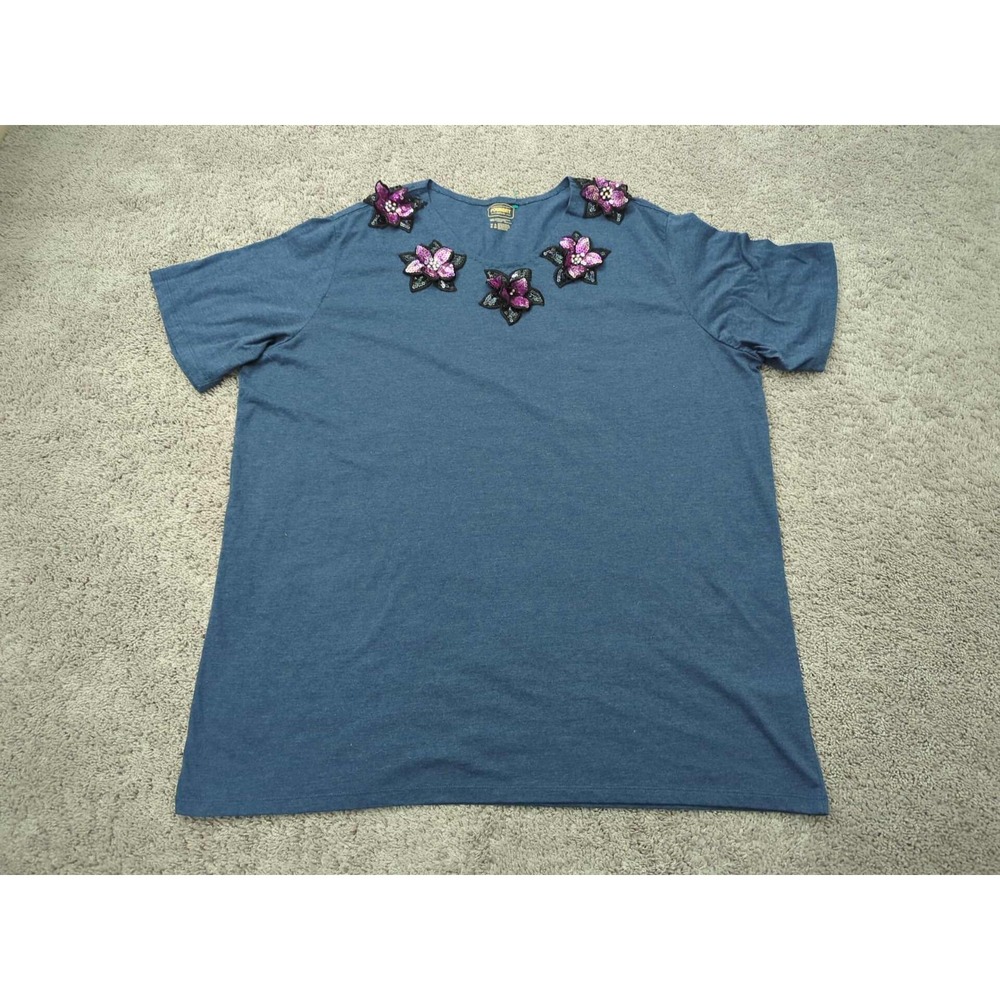The Foundry Shirt Womens 3XLT TALL Blue Flower Sequin Short Sleeve Cotton Blend - Picture 1 of 6